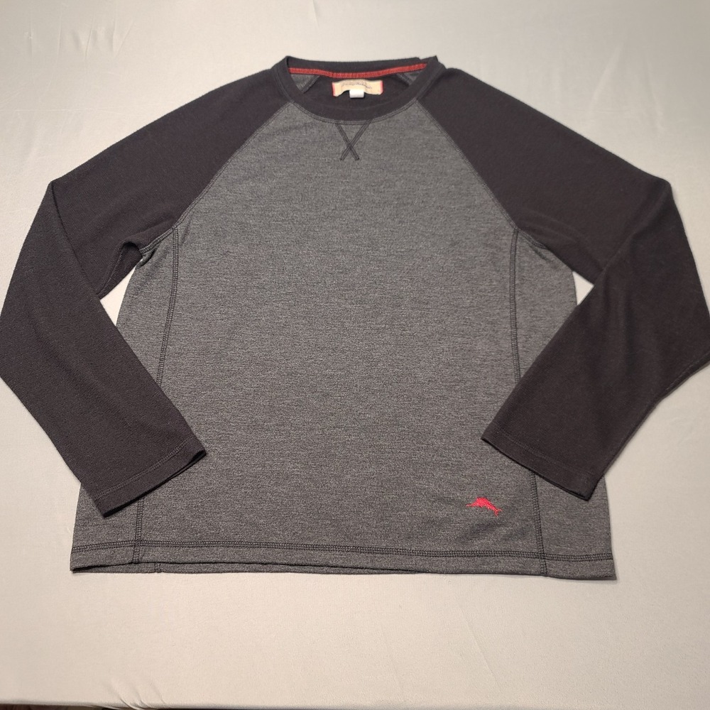 Tommy Bahama Sweater Mens Large Gray Black Pullover Lightweight Raglan Soft Cozy